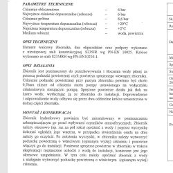 Tabela parametrów technicznych i instrukcja użytkowania zbiornika hydroforowego