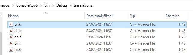 List of C++ header files in the translations folder