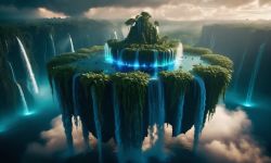 Floating Island with Waterfalls Floating island with waterfalls and bioluminescent plants.