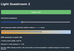 Web interface with brightness and LED color temperature sliders.