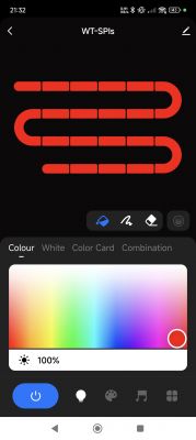 Tuya App Interface for WT-SPI LED Controller Tuya app interface for the WT-SPI LED controller with a red color setting for the LED strip.