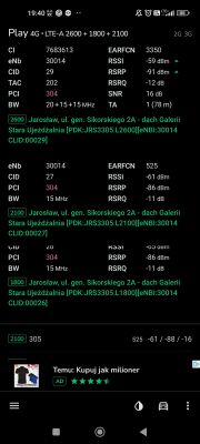 Zrzut ekranu aplikacji pokazującej parametry sieci Play 4G LTE-A.