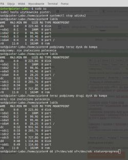 Zrzut ekranu z terminala Linux z poleceniami do klonowania dysku Xbox 360.