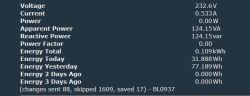 Screenshot of electrical data: voltage 232.6V, current 0.533A, power 0.00W