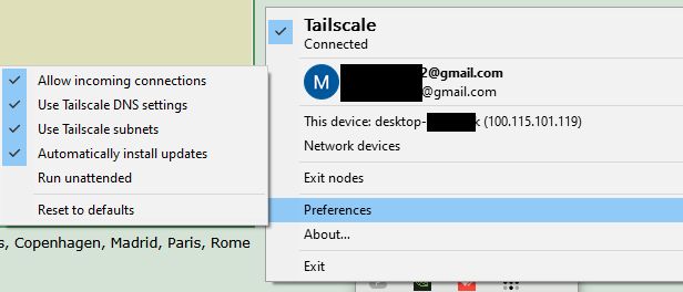 Screenshot of Tailscale settings with options menu expanded