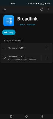 Broadlink app screen showing Thermoval TVT31 with three associated entities