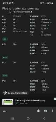 Zrzut ekranu z aplikacji diagnostycznej NetMonster przedstawiający parametry sygnału LTE sieci Play na kilku pasmach (800, 1800, 2100 MHz) i szczegółowe wartości siły oraz jakości sygnału.
