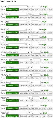 GPIO Doctor Pins interface with a list of pins and buttons for setting outputs and inputs.