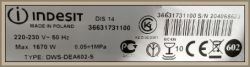 Tabliczka znamionowa zmywarki Indesit DIS 14 z informacjami technicznymi.