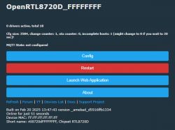 User interface of the OpenRTL8720D device with buttons for configuration and restart.