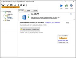 Zrzut ekranu aplikacji WinBuilder z otwartym projektem Win10XPE i opcjami wyboru źródła ISO Windows 10.