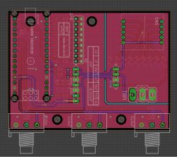 Projekt płytki PCB z komponentami i połączeniami elektrycznymi.