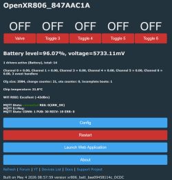 OpenXR806 dashboard with OFF toggles and battery, Wi‑Fi, and MQTT status details