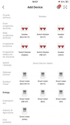 App screen for adding devices with various smart meter options.