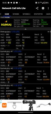 Screenshot of Network Cell Info Lite app showing LTE/5G signal details for T-Mobile, including signal strength data and advertisements at the bottom.