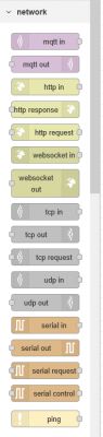 List of available network nodes in Node-RED displayed in the application.