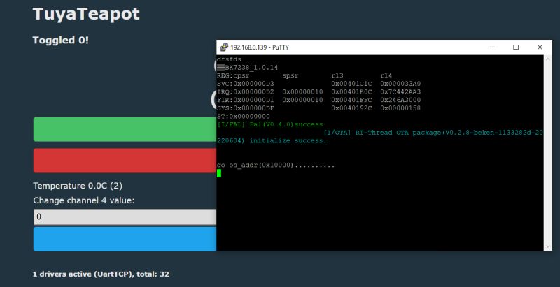 TuyaTeapot interface with PuTTY terminal showing logs from BK7238
