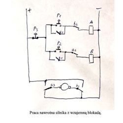 Ręcznie rysowany schemat elektryczny układu nawrotnego silnika z przyciskami P1, P2, P3 i przekaźnikami.