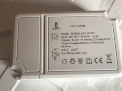 LED Driver YL42800-AK51 with Labels White LED driver model YL42800-AK51 with labels and symbols.