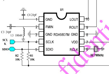 Circuit diagram with RDA5807 chip and 32.768 kHz crystal oscillator