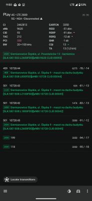 Zrzut ekranu aplikacji NetMonster z wynikami połączenia LTE/5G na smartfonie.