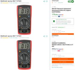 Porównanie cen multimetru ręcznego UNI-T UT603 na dwóch różnych aukcjach internetowych.