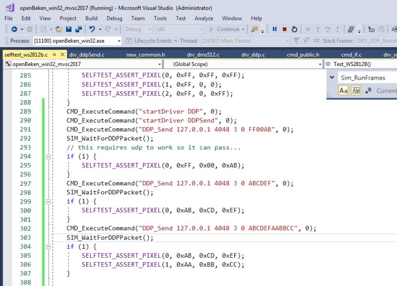 Visual Studio screenshot with code testing DDP packet sending in OpenBeken project