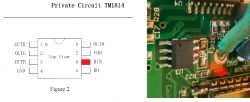 Diagram of TM1814 and photo of a PCB with a marked integrated circuit and connections.