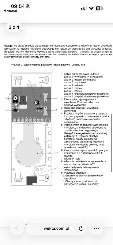 Zrzut ekranu z instrukcją unifonu TK6: schemat wnętrza i opis zacisków 1–8.