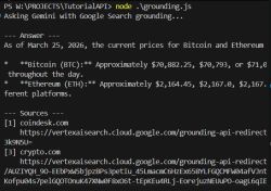 Terminal screenshot showing Gemini with Google Search grounding returning BTC and ETH prices and a list of sources.