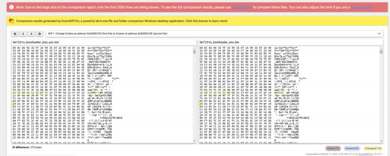Binary file comparison using ExamDiff Pro with differences highlighted in colors.