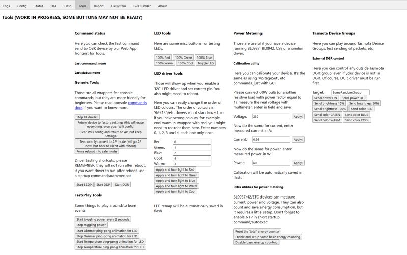 Tool panel UI with options for LED controls, power metering, and device group settings.