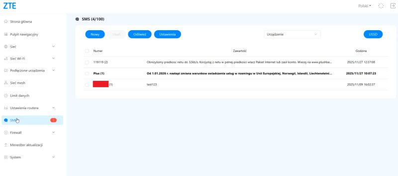 Panel SMS routera ZTE z listą odebranych wiadomości tekstowych