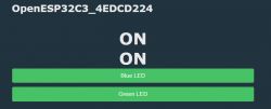 Screenshot of a control panel interface with OpenESP32C3_4EDCD224 and buttons turned on for blue and green LEDs.