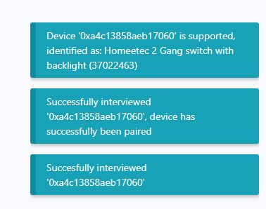 Zigbee Device Pairing Information Screenshot of a user interface showing messages about the successful pairing of a Zigbee device.