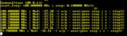 Zrzut ekranu terminala UART z wynikami strojenia odbiornika SDR