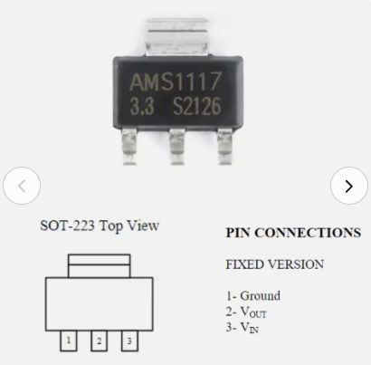 AMS1117-3.3V view with labeled pin functions and SOT-223 top drawing