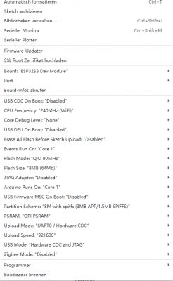 Screenshot of ESP32S3 board settings in Arduino IDE.