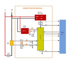 Power meter module diagram for Arduino with voltage and current sensors.