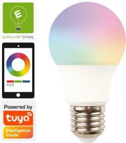 EUROLAMP RGBW smart bulb with Tuya logo and mobile app illustration