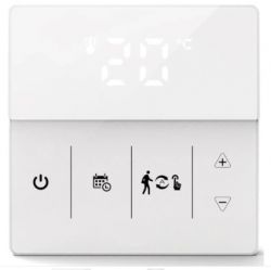 Room Thermostat with LED Display and Touch Panel White thermostat with LED display and touch buttons.