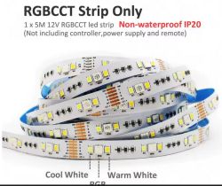Taśma LED 5-metrowa typu RGBCCT 12V, nieodporna na wodę, pokazana w zwoju z widocznymi diodami oraz oznaczeniami Cool White, Warm White i RGB.