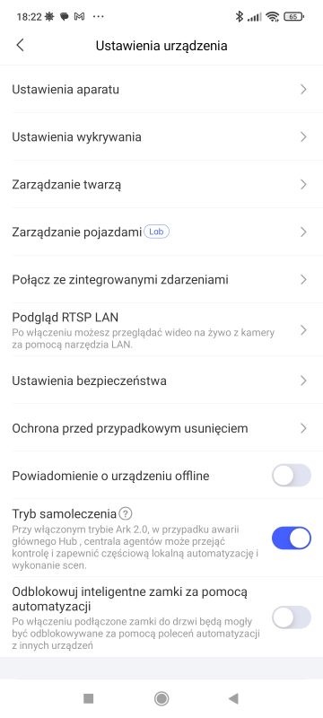 Ekran ustawień urządzenia z opcjami zarządzania i bezpieczeństwa.
