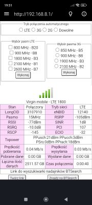 Zrzut ekranu interfejsu HManager pokazujący ustawienia i parametry sieci LTE dla routera B535.