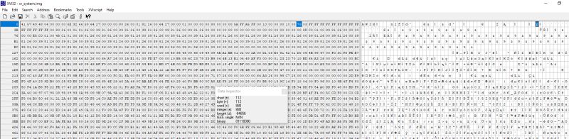 Screenshot of XVI32 hex editor showing a binary file and an open Data Inspector window.