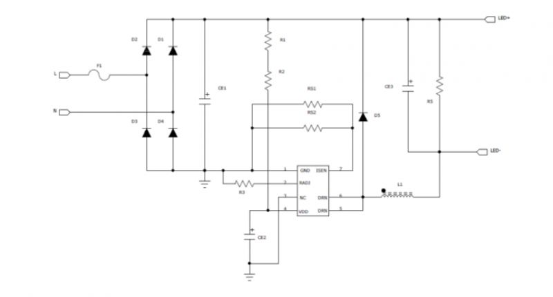Schemat elektryczny obwodu drivera LED z elementem HA5833DE.