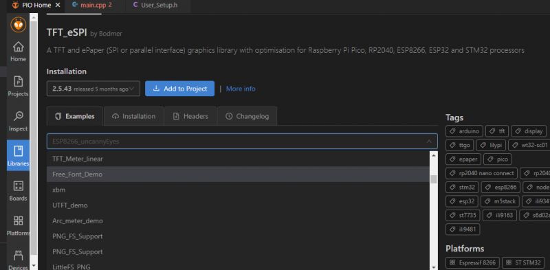 PlatformIO with TFT_eSPI Library Added View of PlatformIO screen with TFT_eSPI library added to a project.