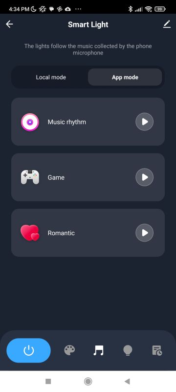 Smart Light App Interface Smart Light app screen with music rhythm, game, and romantic modes.