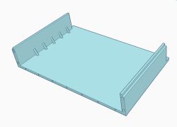 3D model of an enclosure base with two side walls and screw holes along the edges