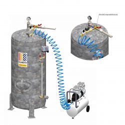 Schemat automatycznego systemu napowietrzania wody z kompresorem i zbiornikiem hydroforowym.